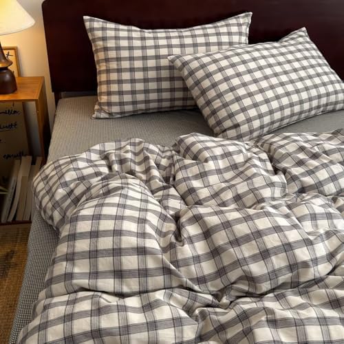 Mucalis Grey White Gingham Plaid Duvet Cover Queen 100% Washed Cotton