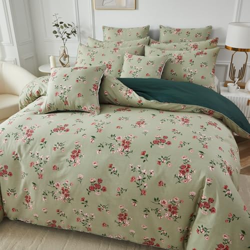 FADFAY Queen Size 100% Cotton Shabby Sage Green Floral Duvet Cover Set