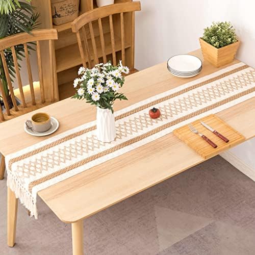130 Inch Long Brown White Table Runner for Living Room, Cotton Linen