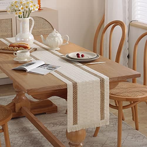 Boho Burlap Macrame Table Runner, Farmhouse Style Cotton Linen Rustic