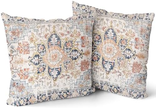 Cream Blue Orange Teal Vintage Bohemian Pillow Covers 22x22 In Mustard