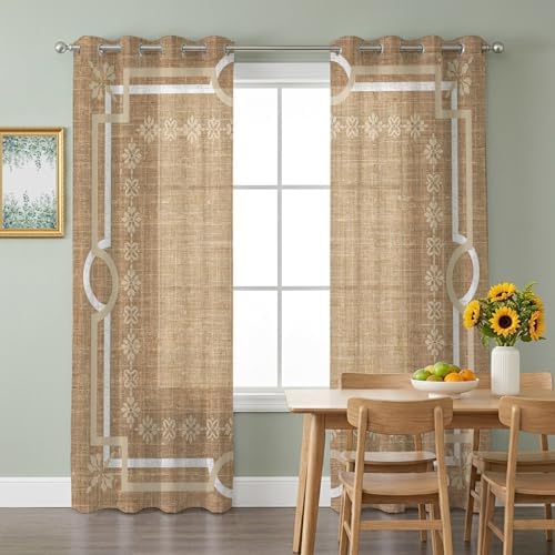 Brown Farmhouse Sheer Curtains 96 Inch Long 2 Panels, Linen Texture