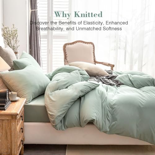 PURE ERA Jersey Knit Duvet Cover Set Solid Sage Green Queen