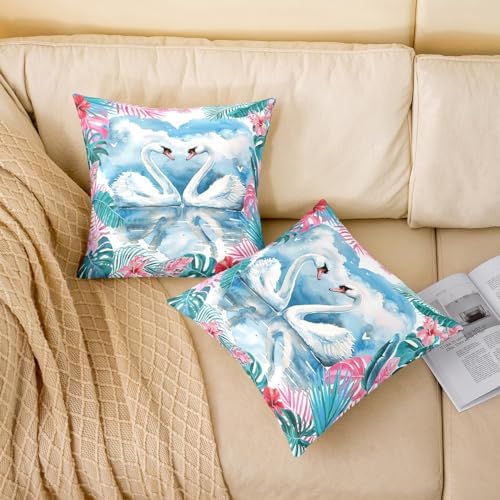 Feelyou White Swan Cushion Case Palm Leaves Throw Pillow Covers