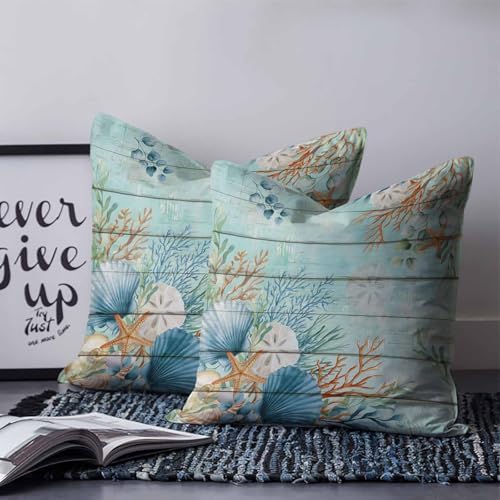Pillow Covers 16x16 Set of 2, Teal Beach Coastal Throw Pillow Covers