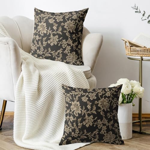 Dark Grey Vintage Floral Pillow Covers 18x18 Set of 2 Flower Botanical