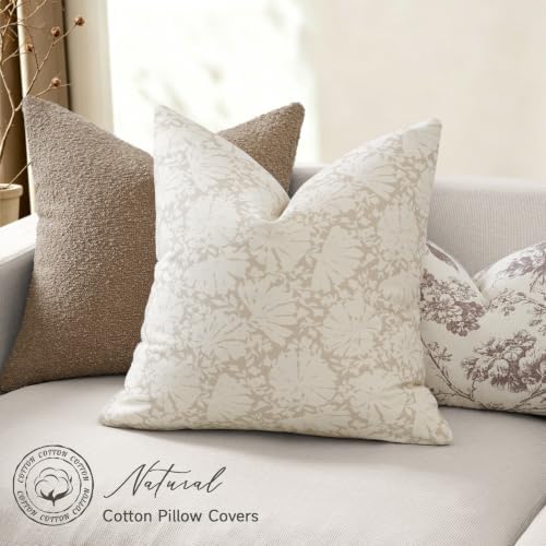 Neutral Floral Double Sided Block Print Pillow Covers 20x20 Set of 2
