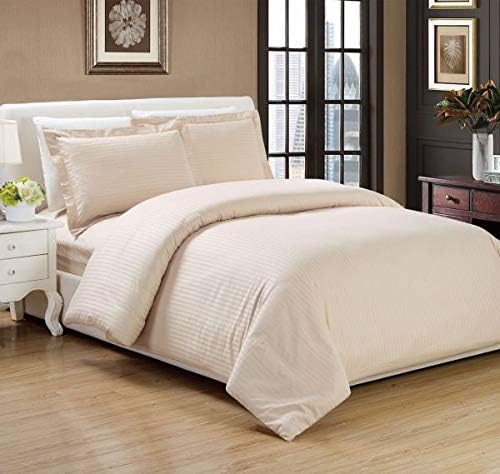 5 PCs Duvet cover set Western King Size Cream/Ivory Stripe 400 Thread