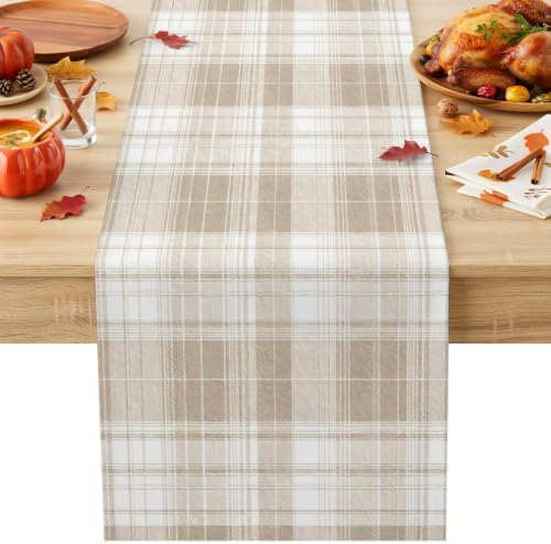 Khaki Plaid Table Runner Brown Tan White Rustic Chic Country Farmhouse