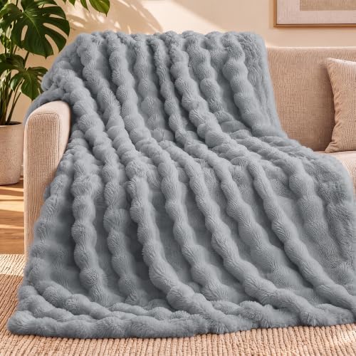puredown® Faux Rabbit Fur Bubble Throw Blanket for Couch, 60"x80" Gray