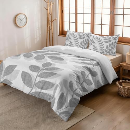 3 Pieces Bedding Set King Size, Gray Leaves Soft Duvet Covers Set with