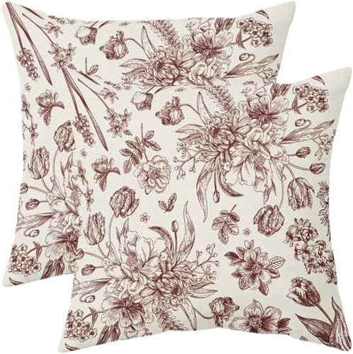 Burgundy Red Floral Pillow Covers 18x18 Set of 2 Vintage Flower