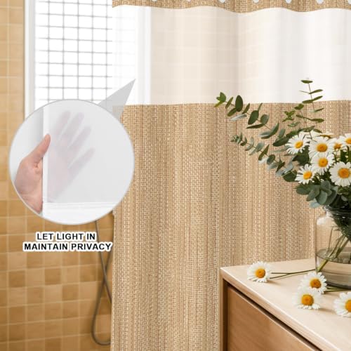 Minimalist Light Brown No Hook Shower Curtain,Bath Curtain for
