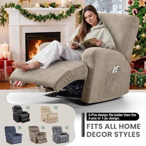 VANSOFY Stretch Recliner Chair Cover, 4-Piece, Khaki