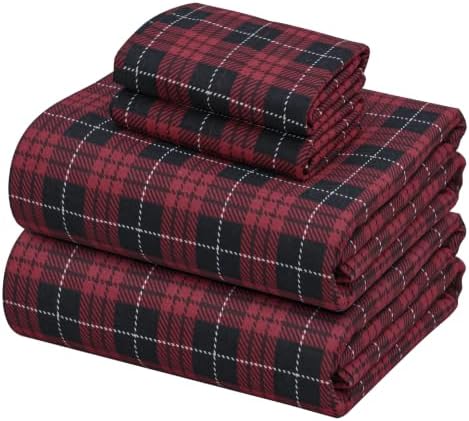 ZOYER 100% Cotton Flannel Sheets King Size, 4 PCs, Red Buffalo Check