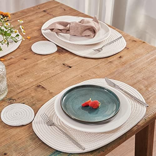 Oval Cotton Placemats Set of 6 -Coasters & Holder, Off White