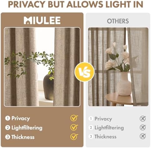 MIULEE Thick Linen Curtains, 42Wx96L, Brown Tan Semi Sheer Linen