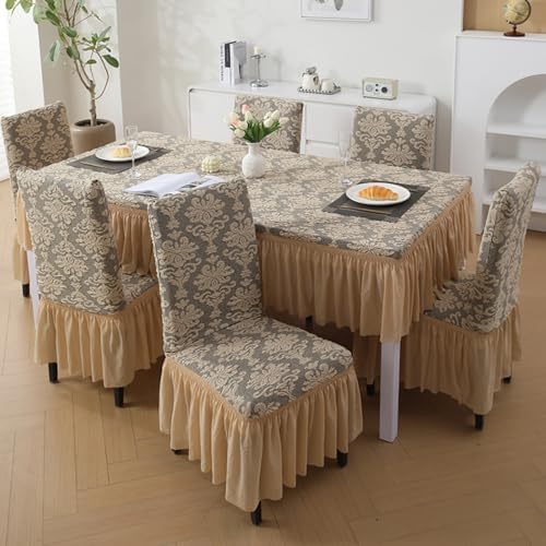 Rakila 4PK Jacquard Stretch Dining Chair Covers with Skirt Beige