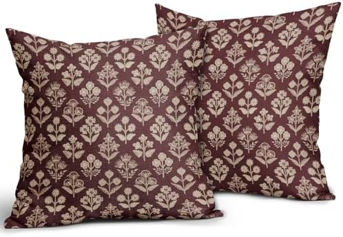 Burgundy Red Floral Block Print Pillow Covers 18x18 Inch Set of 2