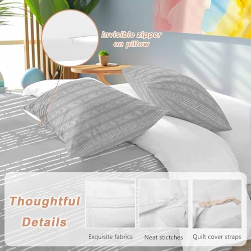 Gray Striped Bed Duvet Cover Queen Size Bedding Set, 3 Pieces Washed