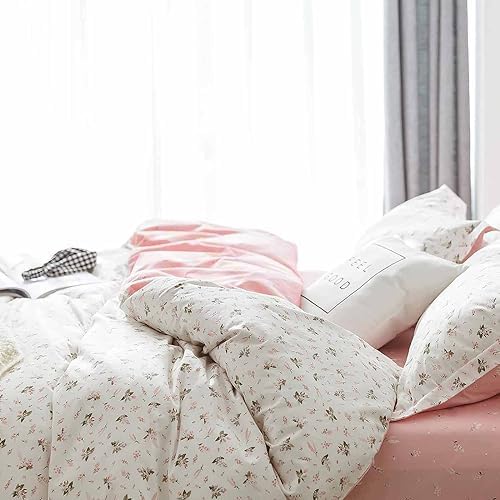 Pink Floral Duvet Cover Queen Size, 3 Piece White Flower Botanical