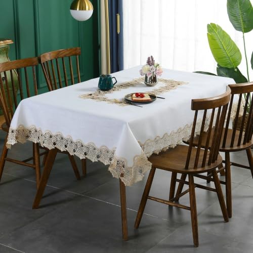 Beydodo Table Cloth Covers Round 70 inch, White Linen Look with Lace