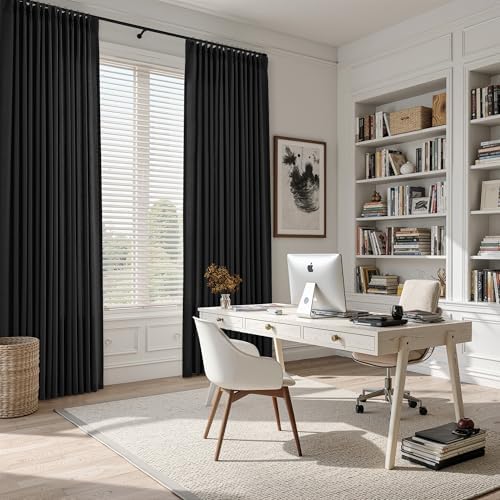 Black Pinch Pleated Linen Curtains 84 inches Long 2 Panels for Living