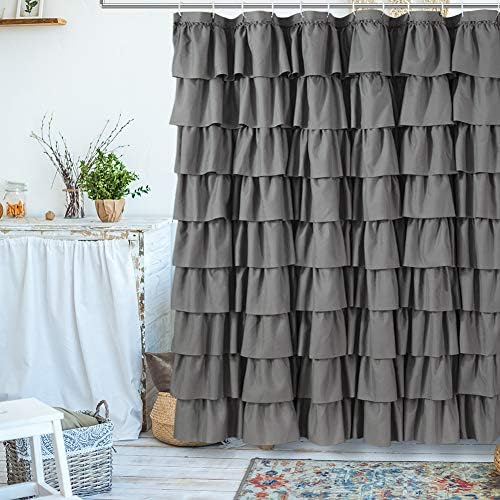 Gray Ruffle Shower Curtains For Bathroom, 72x72, Layered Tiered