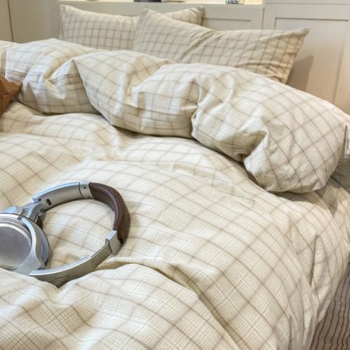 PinkMemory Beige Gingham Duvet Cover Bedding Queen 100% Washed Cotton