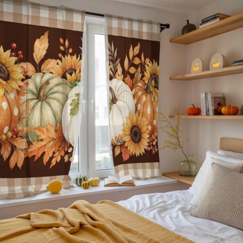 Thanksgiving Pumpkins Sheer Curtains 72 Inches Long, Fall Maple Leaves
