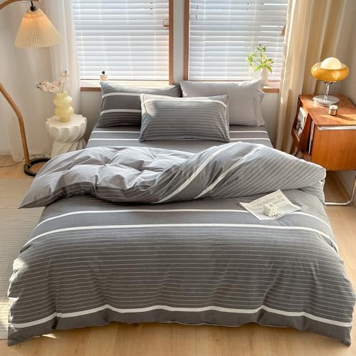Modern Grey White Striped Duvet Cover Set TwinXL Size 3 Pieces Washed