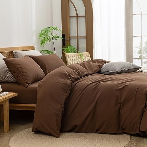 BESTOUCH Cotton Solid Duvet Cover Set Linen Feel Cocoa Brown King
