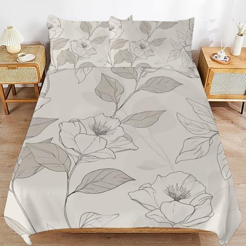 Retro Floral Plant Duvet Cover Set, 3 Piece Microfiber Bedding Set