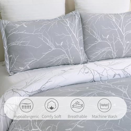 Vaulia Microfiber Duvet Cover Set King, Light Grey Branch