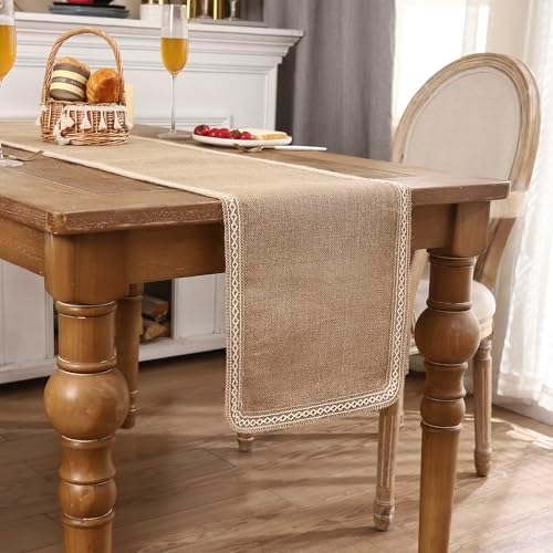 Khaki Table Runner 13 x 120 inch Long with Beige Lacework
