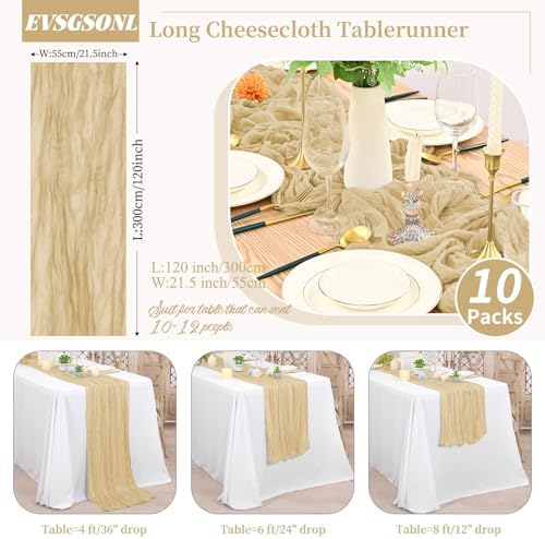 10 Pack Beige Cheesecloth Table Runner Long,21.5 x 120 Inch