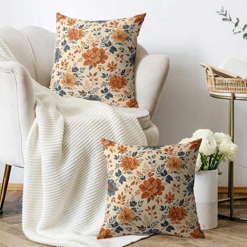 Orange Blue Fall Floral Pillow Covers 20X20 Set of 2, Autumn Colored