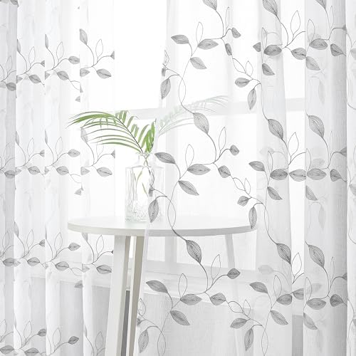 Tollpiz Grey Leaf Sheer Curtain Bedroom 38 x 63 Inches