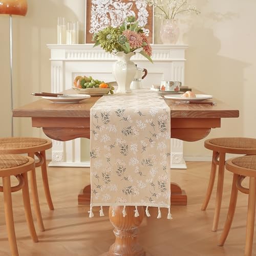 12x108 Inch Boho Floral Table Runner with Tassels, Neutral Beige
