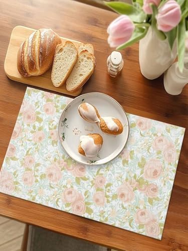 Beige Flowers Placemats for Dining Table Set of 4, Farmhouse Botanical