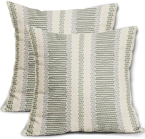 Sage Green Pillow Covers 18x18 Set of 2 Gray Grey Dot Print Striped