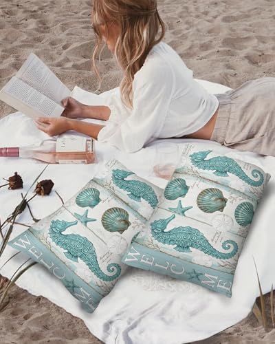 Outdoor Pillow Covers with Inserts,Teal Seahorse Waterproof Decorative
