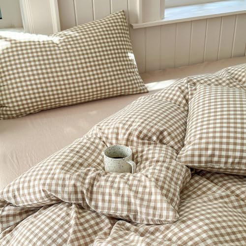 LifeTB Tan Gingham Duvet Cover Grid Bedding Set Queen, Vintage Taupe