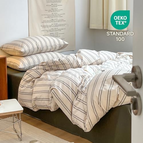 Striped Duvet Cover King Size Beige Grey Green Stripes Bedding Set