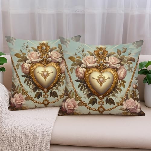 Vintage Floral Heart Throw Pillow Covers Set of 2, Cream and Gold