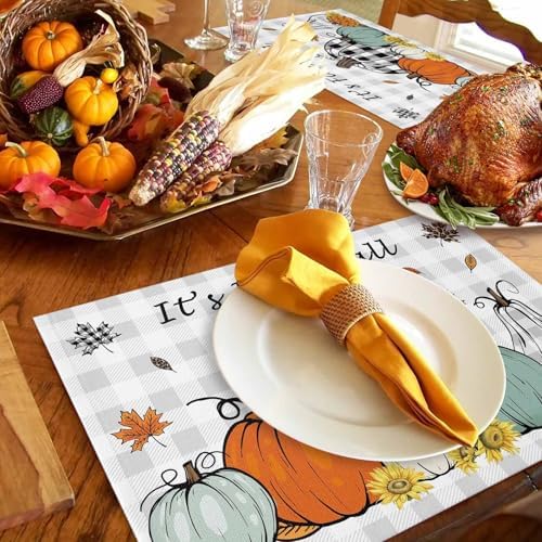 Placemats Set of 8, Thanksgiving Fall Pumpkin Maple Leaf Washable