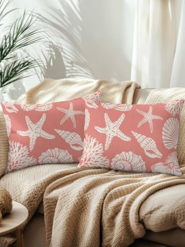 Throw Pillows 12x20 Set of 2, Coral Pink Starfish Coastal Waterproof