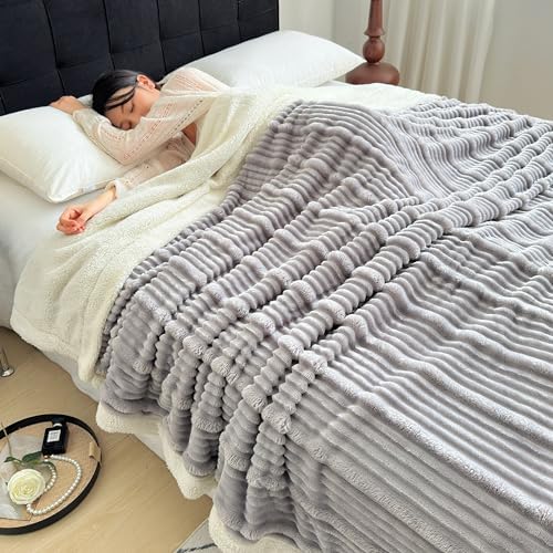 UKELER Sherpa Throw Blankets 60 × 80 inch, 470 GSM Striped Sherpa