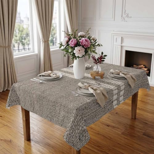 Cream Grain Line Tablecloths 52" x 70”, Soft Taupe Woven Canvas Style