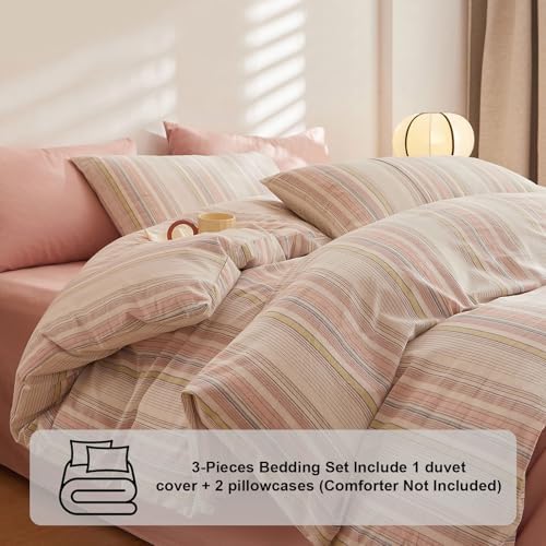 VClife Classic Stripe Duvet Cover King Size, 100% Washed Cotton Linen